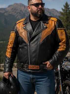 CREATION CUIR Black and Orange Leather Jacket (Custom made) 2X